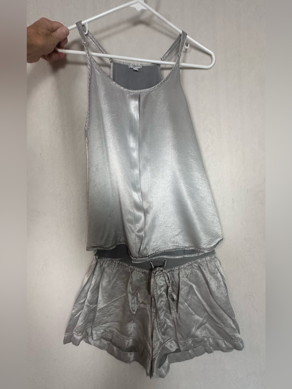PJ Harlow Babe Silver Satin Tank & Drawstring Short Sleep Set Sz XS